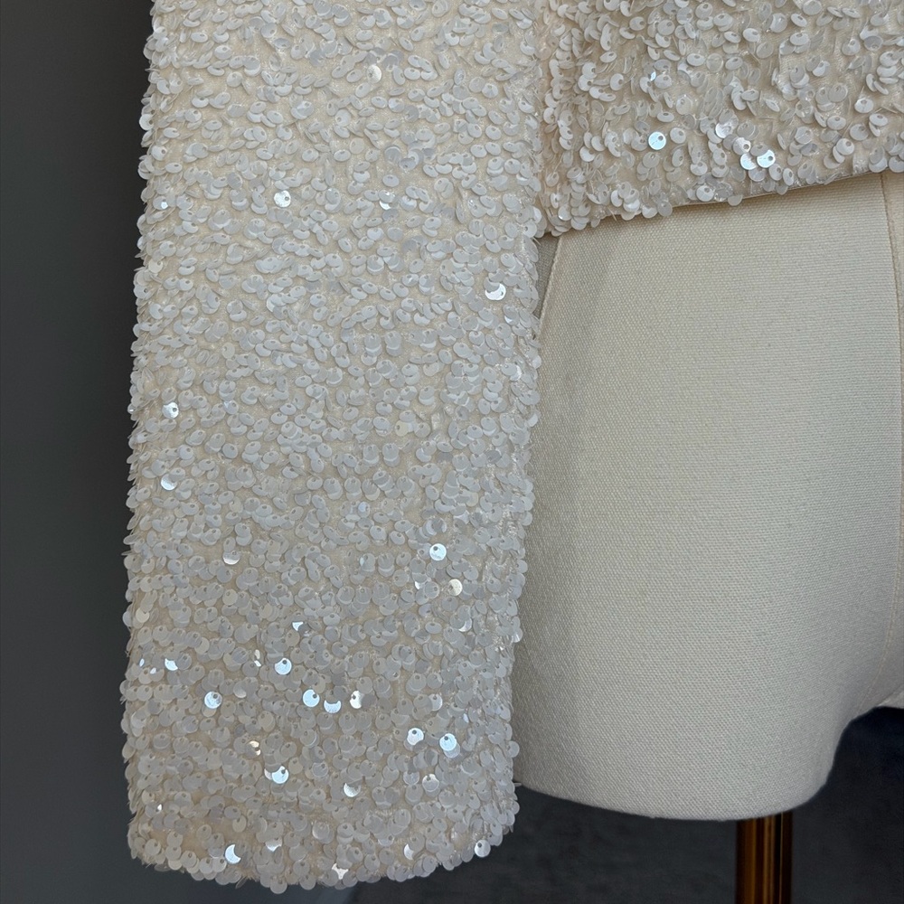 H&M Ivory Sparkling Sequin Tie Front Jacket with Black Bows-S - Picture 5 of 16